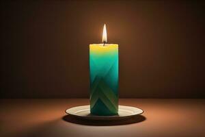 Burning aroma candle on wooden table against solid color background, copyspace. ai generative photo