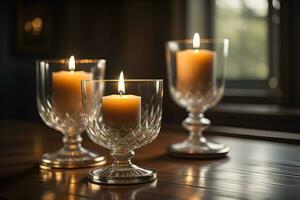 Burning candles in glasses on wooden table, closeup. Space for text. ai generative photo