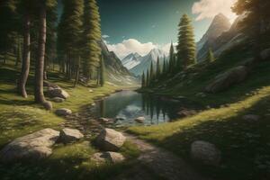 Beautiful fantasy landscape with a river in the mountains. ai generative photo