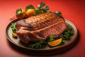 Raw beef sirloin steak with ingredients for cooking on wooden background. ai generative photo