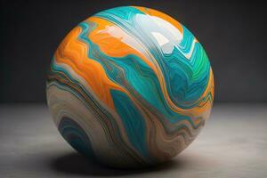 Colorful marble ball on a solid colour background. Close-up. ai generative photo