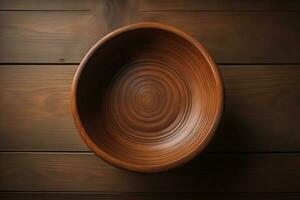 Empty wooden bowl on wooden background. Top view. Copy space. ai generative photo