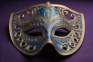 veneciano carnaval máscara con dorado ornamento en un sólido color antecedentes. ai generativo foto