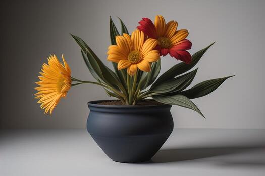 Flowers in a pot on a solid color background. ai generative photo