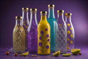 a row of glass bottles with colored liquid. ai generative photo