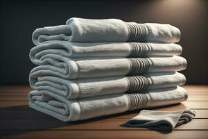 Towels on a wooden table in a bathroom. ai generative photo