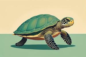 ilustración de un Tortuga en un verde antecedentes en dibujos animados estilo. ai generativo foto