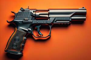 Semi-automatic handgun on a solid color background. Close-up. ai generative photo