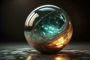 Transparent crystal ball on a wooden table. ai generative photo