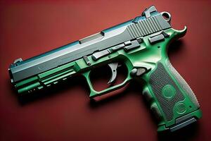 Semi-automatic handgun on a solid color background. Close-up. ai generative photo