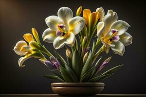 ramo de flores de azafrán y tulipanes en sólido color antecedentes. ai generativo foto