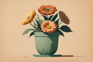 Flowerpot with daisies. Vector illustration in retro style. ai generative photo