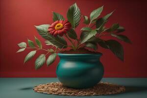 Flowers in a pot on a solid color background. ai generative photo