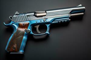 Semi-automatic handgun on a solid color background. Close-up. ai generative photo