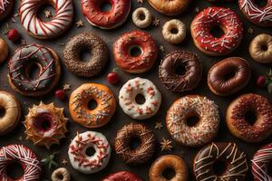 Variety of donuts on a solid color background. Top view. ai generative photo