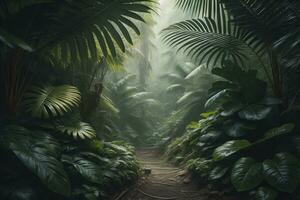 un ruta en tropical selva con palma arboles y camino en el neblina. ai generativo foto