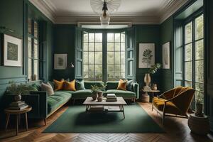 Interior of modern living room with green walls, wooden floor, green sofa and round coffee table. ai generative photo