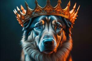 retrato de un linda perro en un dorado corona en un sólido color antecedentes. ai generativo foto