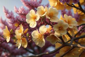 Cereza florecer sakura flor en azul cielo fondo, ai generativo foto