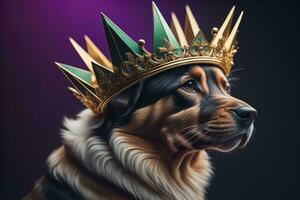 Portrait of a cute dog in a golden crown on a solid color background. ai generative photo