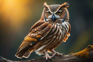 Owl with yellow eyes on a solid background. ai generative photo