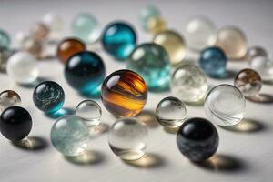 Colorful glass marbles on a the table. Selective focus. ai generative photo