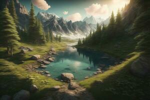 Beautiful fantasy landscape with a river in the mountains. ai generative photo