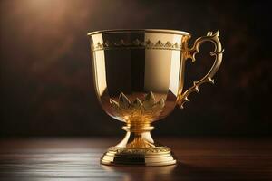 Golden trophy cup on wooden table. Award concept. ai generative photo