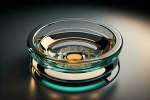 Empty glossy transparent ashtray on a dark background. ai generative photo