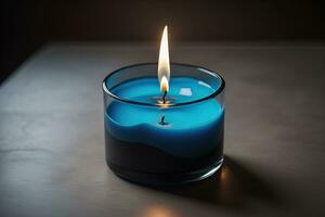 Burning aroma candle on wooden table against solid color background, copyspace. ai generative photo