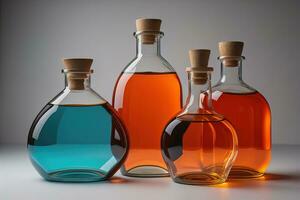 un fila de vaso botellas con de colores líquido. ai generativo foto