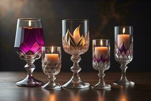 Burning candles in glasses on wooden table, closeup. Space for text. ai generative photo