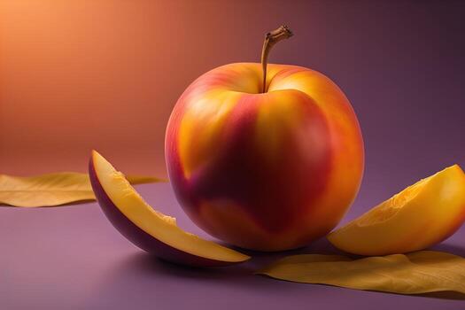 Ripe red peach on a solid color background. ai generative photo