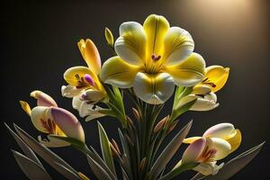 ramo de flores de azafrán y tulipanes en sólido color antecedentes. ai generativo foto