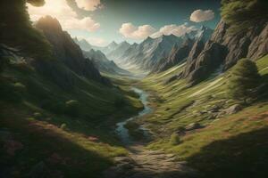 Beautiful fantasy landscape with a river in the mountains. ai generative photo