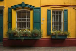 vistoso ventanas de un típico casa en el ciudad, ai generativo foto