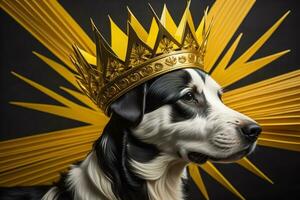 Portrait of a cute dog in a golden crown on a solid color background. ai generative photo