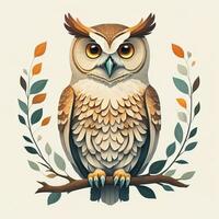 Owl sitting on a branch with leaves. Vector illustration in retro style. ai generative photo