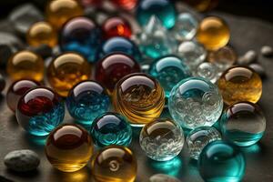 Colorful glass marbles on a the table. Selective focus. ai generative photo