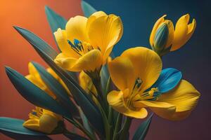 Bouquet of crocus and tulips on solid color background. ai generative photo