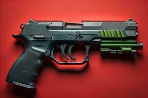 Semi-automatic handgun on a solid color background. Close-up. ai generative photo