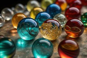 Colorful glass marbles on a the table. Selective focus. ai generative photo