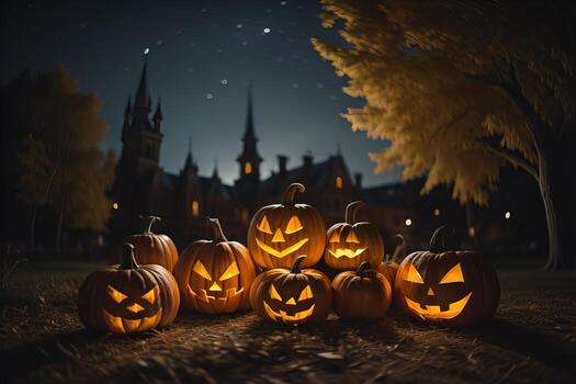 Halloween pumpkins in front of haunted house. ai generative photo