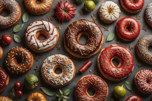 Variety of donuts on a solid color background. Top view. ai generative photo