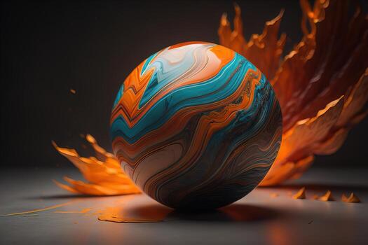 Colorful marble ball on a solid colour background. Close-up. ai generative photo