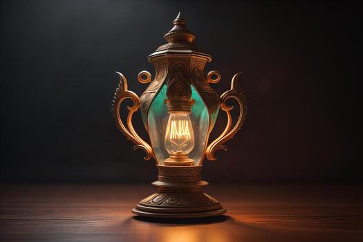 Lantern on a wooden table and a dark background. ai generative photo