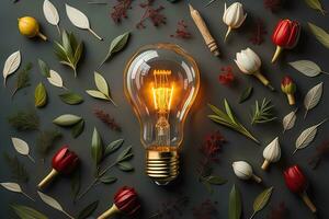 Glowing glass light bulb on dark background. ai generative photo