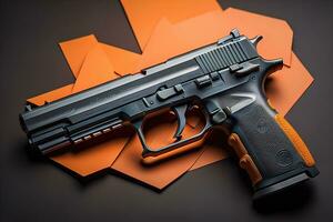 Semi-automatic handgun on a solid color background. Close-up. ai generative photo