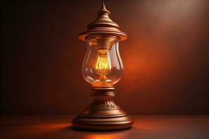 Lantern on a wooden table and a dark background. ai generative photo