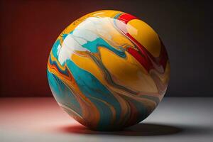 Colorful marble ball on a solid colour background. Close-up. ai generative photo